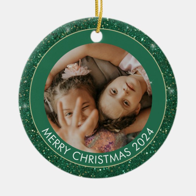 Custom Photo Green Glitter Merry Christmas Ceramic Ornament (Front)