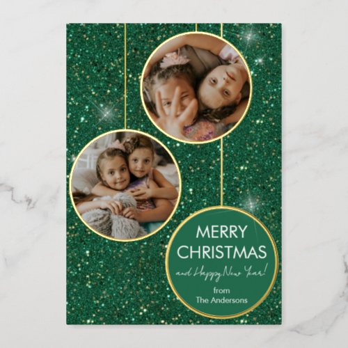 Custom Photo Green Glitter Merry Christmas Foil Holiday Card