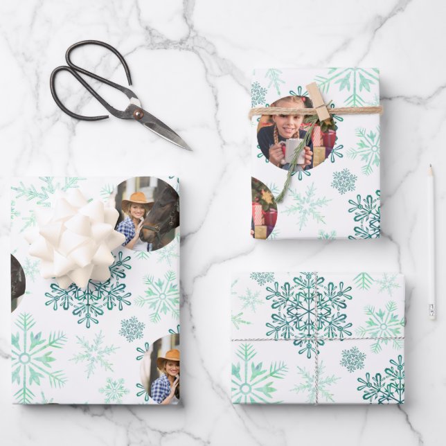 Custom Photo Green Snowflakes Set of 3 Wrapping Paper Sheets (Front)