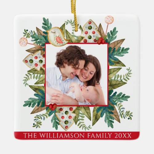 Custom Photo Greenery and Holiday Cookies Frame Ceramic Ornament