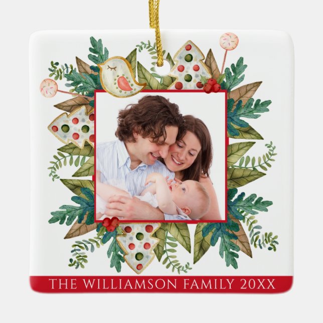 Custom Photo Greenery and Holiday Cookies Frame Ceramic Ornament (Front)