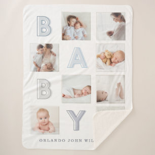 Custom Photo Grid Collage Modern Baby Block Letter Sherpa Blanket