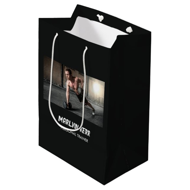 Custom photo gym business gray medium gift bag (Front Angled)