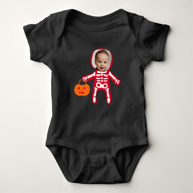 Custom photo Halloween skeleton trick or treat Baby Bodysuit (Front)