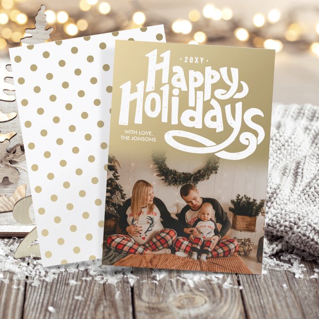 Custom Photo Hand Lettering Cute Faux Gold Modern Holiday Card (Creator Uploaded)
