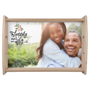 Custom Photo Happily Ever After Pink Floral Serving Tray
