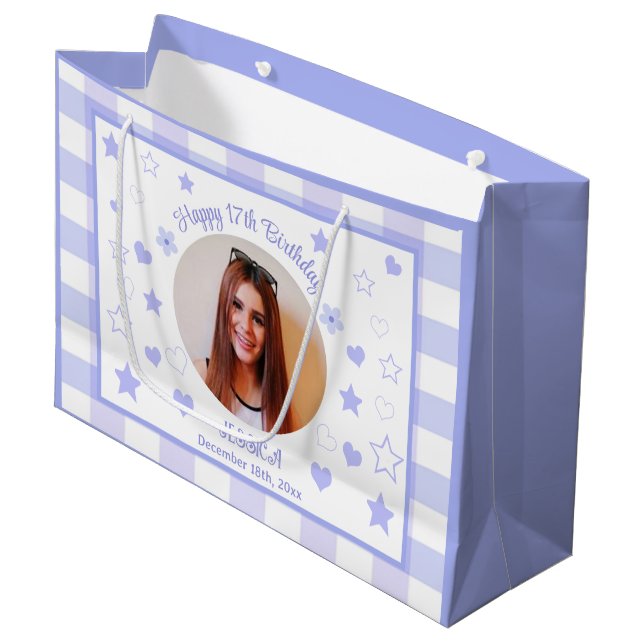 Custom Photo Happy 17th Birthday Purple Blue Plaid Large Gift Bag (Front Angled)