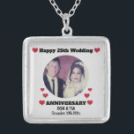 Custom Photo 'Happy 25th Wedding Anniversary" Silver Plated Necklace<br><div class="desc">Personalize this cute, elegant "Happy 25th Wedding Anniversary" Silver Plated Necklace design. You can easily change or remove the photo, the names and the text as needed. You can also change the font type, font color and font size if you want. Click -->"Personalize" to find the editing tools. You can...</div>
