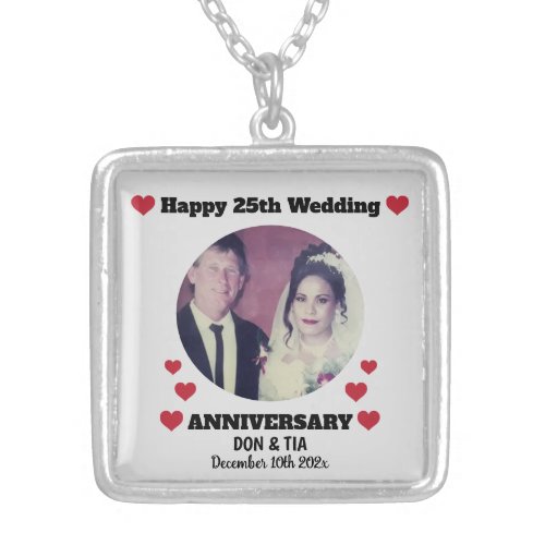 Custom Photo Happy 25th Wedding Anniversary Silver Plated Necklace