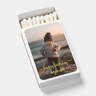 Custom Photo Happy Birthday Gold Script Party Matchboxes
