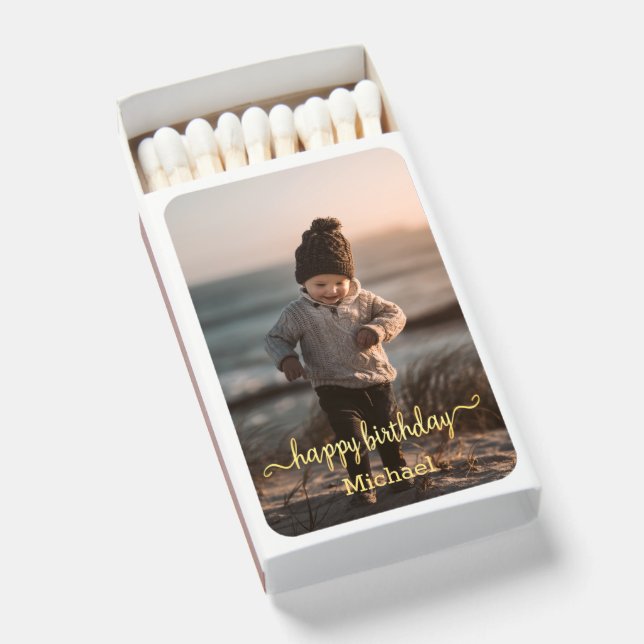 Custom Photo Happy Birthday Gold Script Party  Matchboxes (Front Open)
