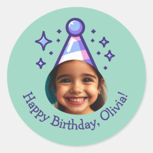 Custom Photo Happy Birthday Party Hat Favors Classic Round Sticker