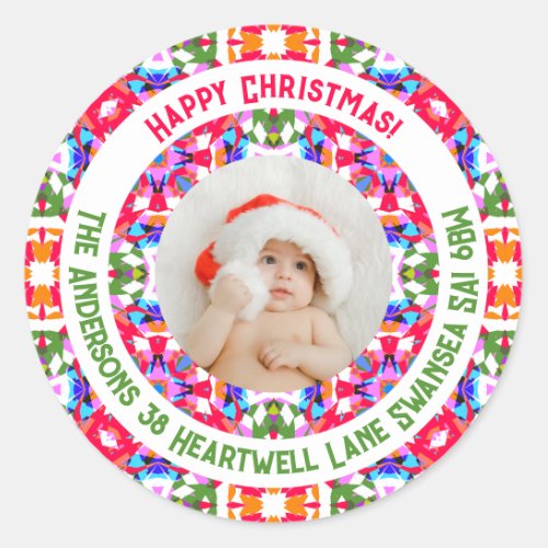 Custom Photo Happy Christmas Colorful Address Classic Round Sticker