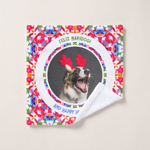 Custom Photo Happy Christmas Dog Mom Dad Colorful Wash Cloth