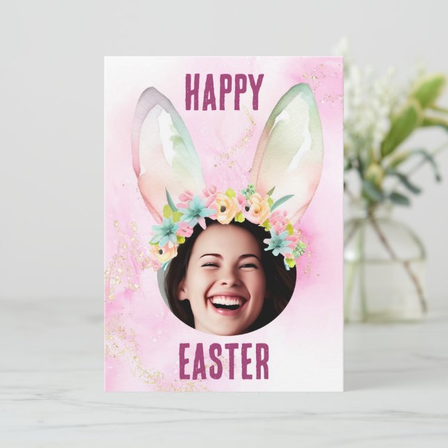 Custom photo Happy Easter bunny ears card pastel (Standing Front)