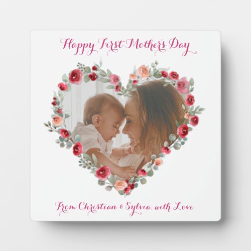 Custom Photo Happy First Mothers Day Floral Heart Plaque