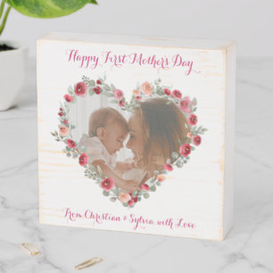 Custom Photo Happy First Mother's Day Floral Heart Wooden Box Sign