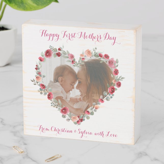 Custom Photo Happy First Mother's Day Floral Heart Wooden Box Sign (In Situ Horizontal)