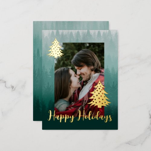 Custom Photo Happy Holidays Rustic Forest Tree Foil Holiday Postcard