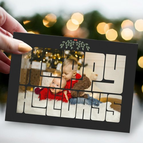 Custom Photo Happy Holidays Text Black Christmas Holiday Card