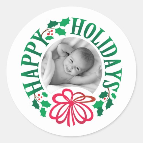  Custom Photo Happy Holidays Typography Wreath Classic Round Sticker