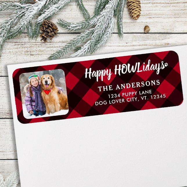 Custom Photo Happy HOWLidays Red Buffalo Plaid Label (Creator Uploaded)