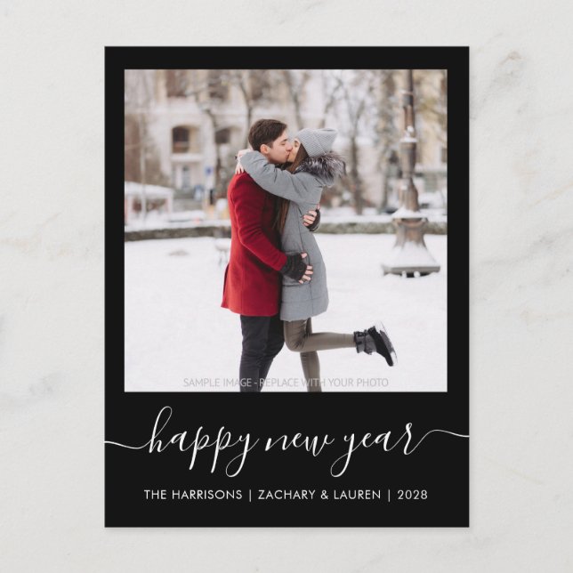 Custom Photo Happy New Year Black White Script Holiday Postcard (Front)