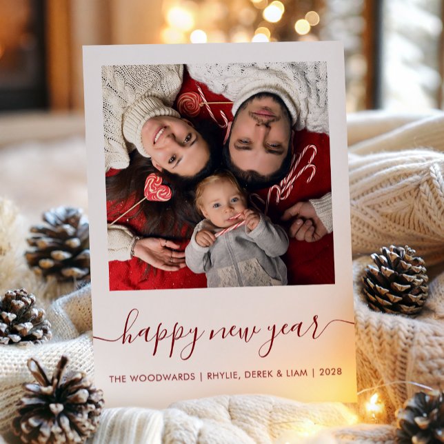 Custom Photo Happy New Year Dark Red Script Holiday Card (Creator Uploaded)