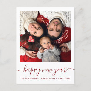Custom Photo Happy New Year Dark Red Script Holiday Postcard