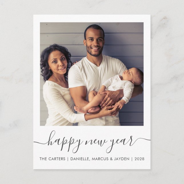 Custom Photo Happy New Year Gray Script Holiday Postcard (Front)