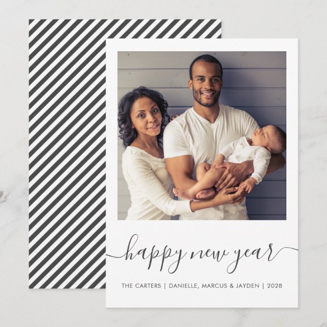 Custom Photo Happy New Year Gray Script Minimalist Holiday Card (Front/Back)