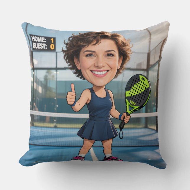 Custom Photo Head Padel/Pickleball Player Caricatu Throw Pillow (Front)