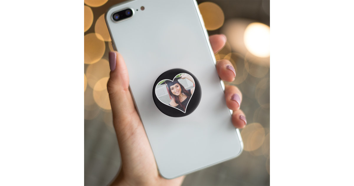 Custom Photo Heart Shaped Picture Frame Black PopSocket | Zazzle