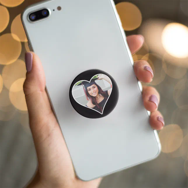 Custom Photo Heart Shaped Picture Frame Black PopSocket | Zazzle