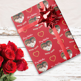 Custom Photo Hearts Pattern Red Gold Valentine Wrapping Paper