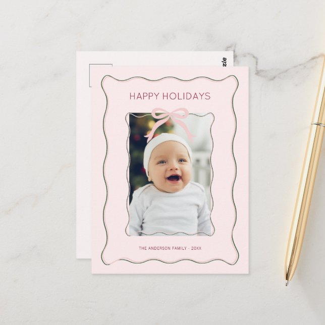 Custom Photo Holiday Postcard Bow Squiggly Frame (Front/Back In Situ)