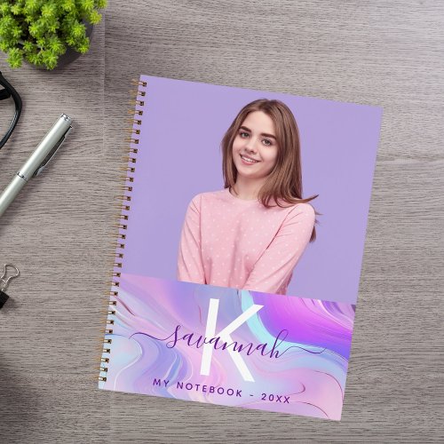 Custom photo holographic pink purple monogram notebook