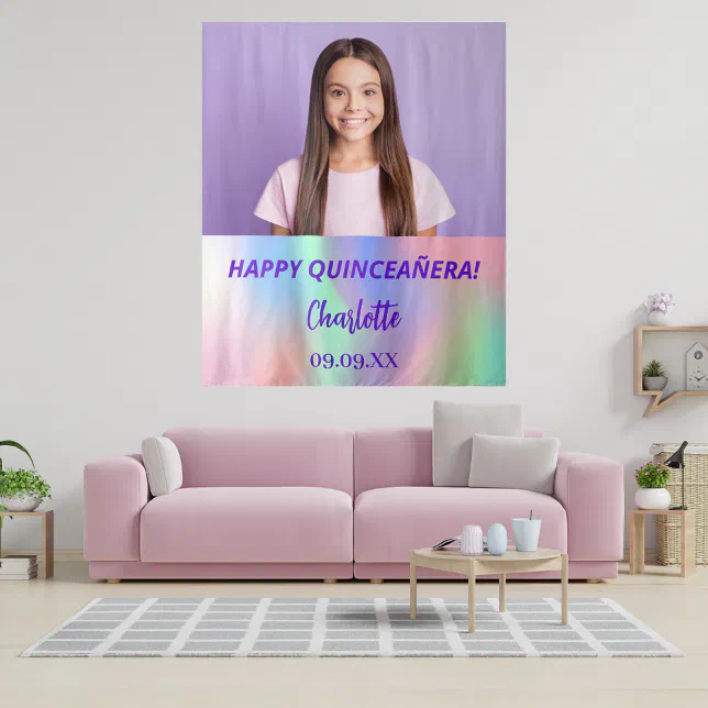 Custom photo holographic Quinceanera party welcome Tapestry | Zazzle