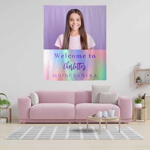 Custom photo holographic Quinceanera party welcome Tapestry