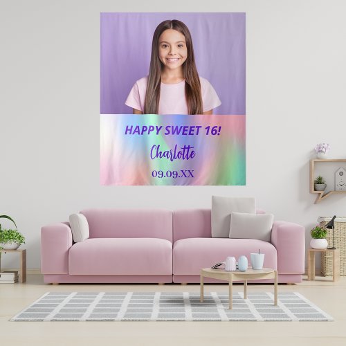 Custom photo holographic Sweet 16 party welcome Tapestry