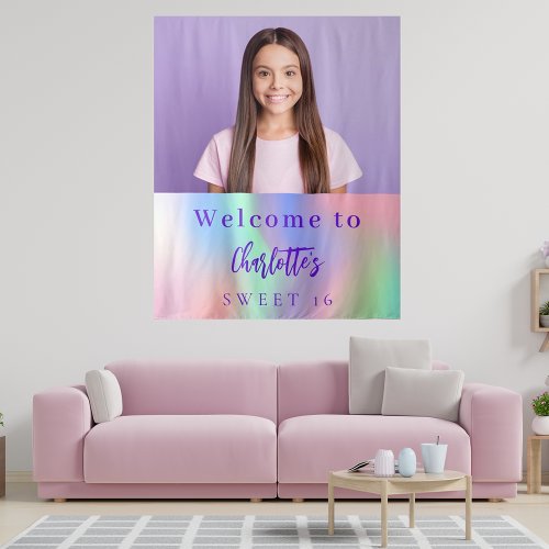 Custom photo holographic Sweet 16 party welcome Tapestry