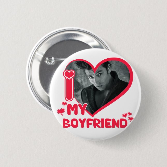 Custom Photo I Love My Boyfriend Heart Valentines Button (Front & Back)