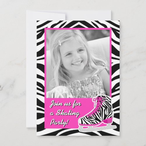 Custom Photo Ice Skating Zebra Birthday Party Personalized Invites
