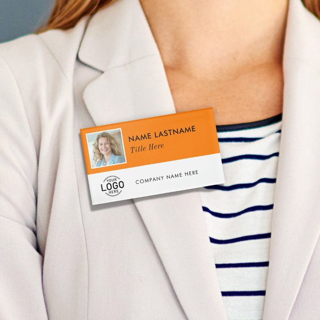 Custom Photo ID Logo Magnetic Large Orange White Name Tag (Creator Uploaded)