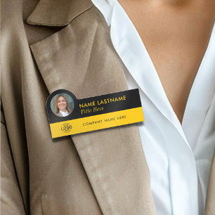 Custom Photo ID Logo Modern Yellow Black Employee Name Tag