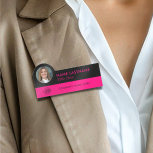 Custom Photo ID Logo Stylish Black Pink Employee Name Tag