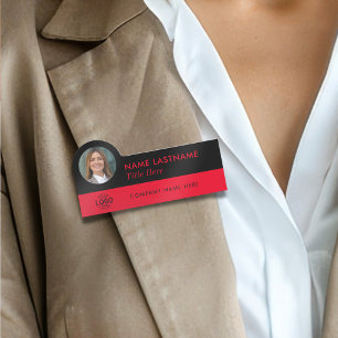Custom Photo ID Logo Title Modern Red Black Simple Name Tag