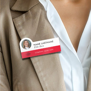 Custom Photo ID Logo Title Modern Red White Simple Name Tag