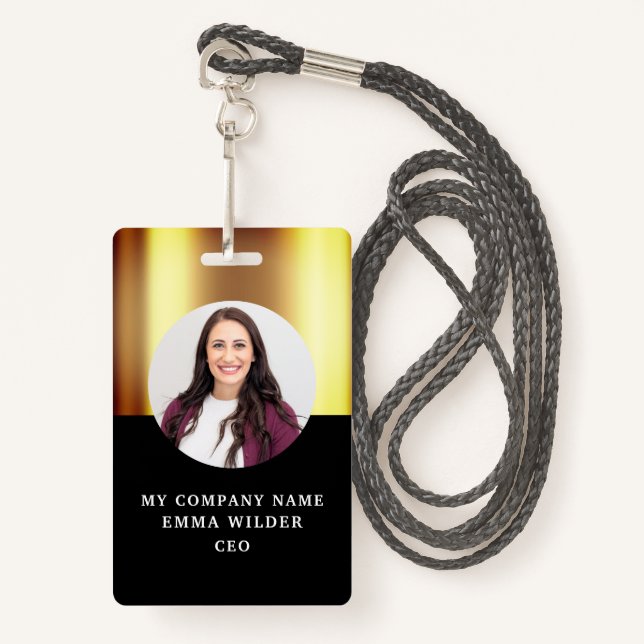 Custom Photo ID Metallic Gold Black Badge (Front with Lanyard)