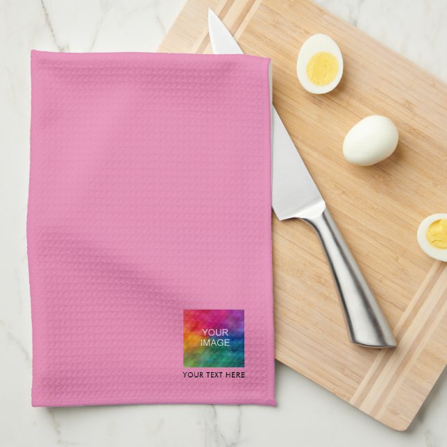 Custom Photo Image or Logo Text Cute Elegant Pink Kitchen Towel (Quarter Fold)